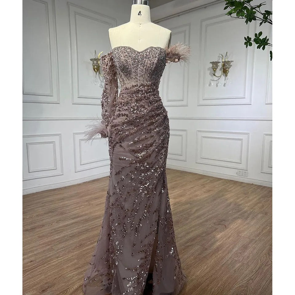 Rose Gold Off Shoulder One Sleeve Mermaid Feathers Evening Dress REBECATHELABEL