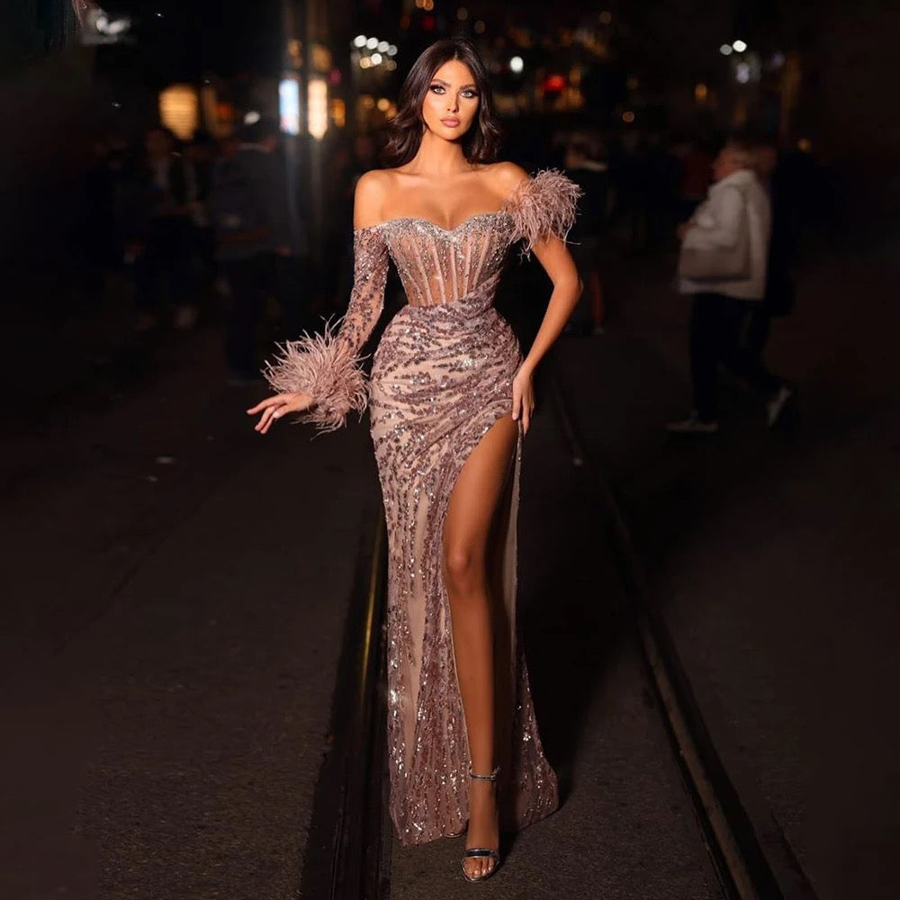 Rose Gold Off Shoulder One Sleeve Mermaid Feathers Evening Dress REBECATHELABEL