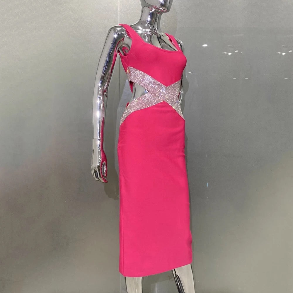 Rose Red Sleeveless Sexy Square Neck Sparkling Diamond dress REBECATHELABEL