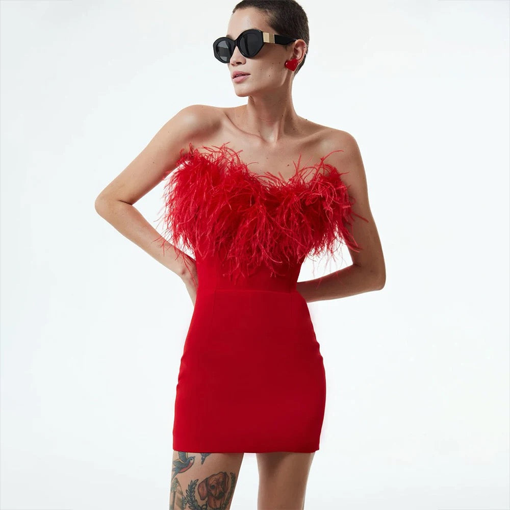 Roshel feather mini dress REBECATHELABEL