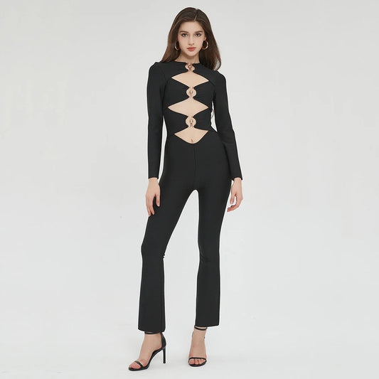 Round Neck Hollow Tight Bandage Jumpsuit REBECATHELABEL