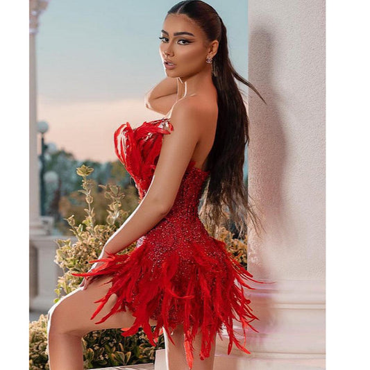 SOFIA SEQUIN FEATHER DRESS REBECATHELABEL