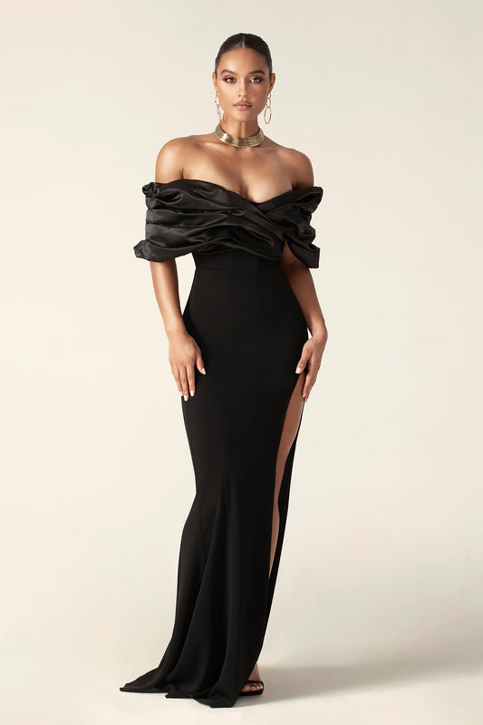 Satin Pleated Off Shoulder Split Formal Ball Dress REBECATHELABEL