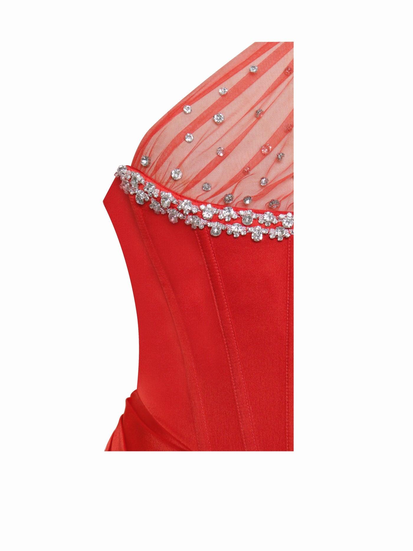 Scarlet Crystal Embellished Mesh Satin Corset dress REBECATHELABEL