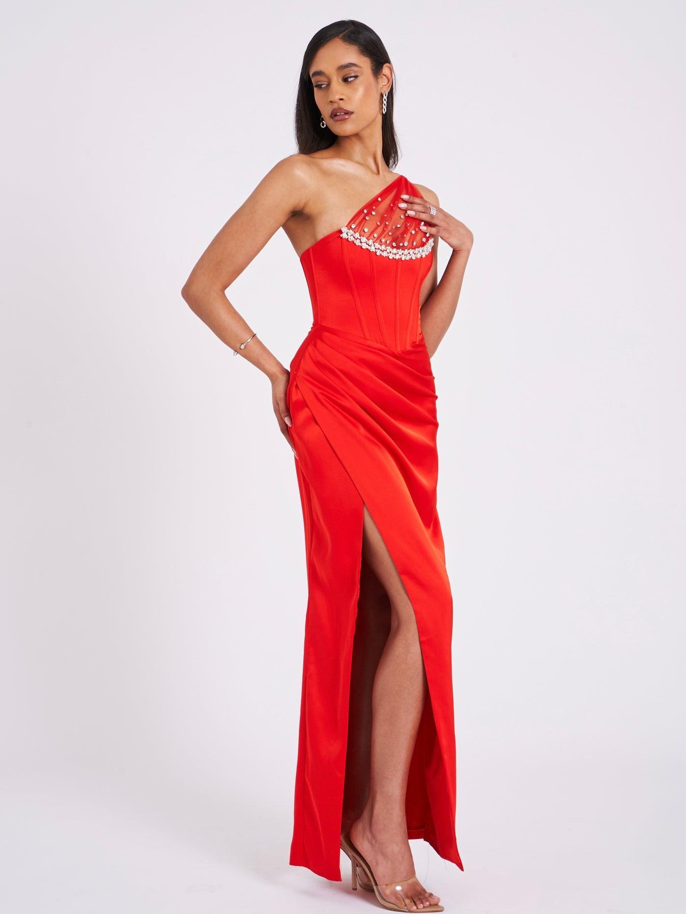 Scarlet Crystal Embellished Mesh Satin Corset dress REBECATHELABEL