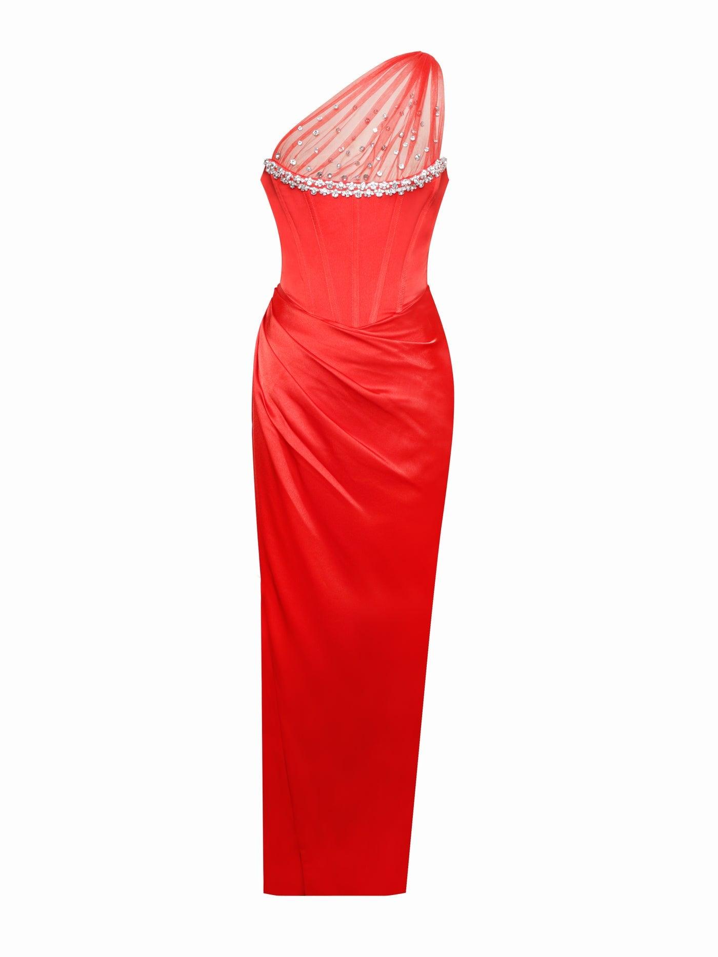 Scarlet Crystal Embellished Mesh Satin Corset dress REBECATHELABEL