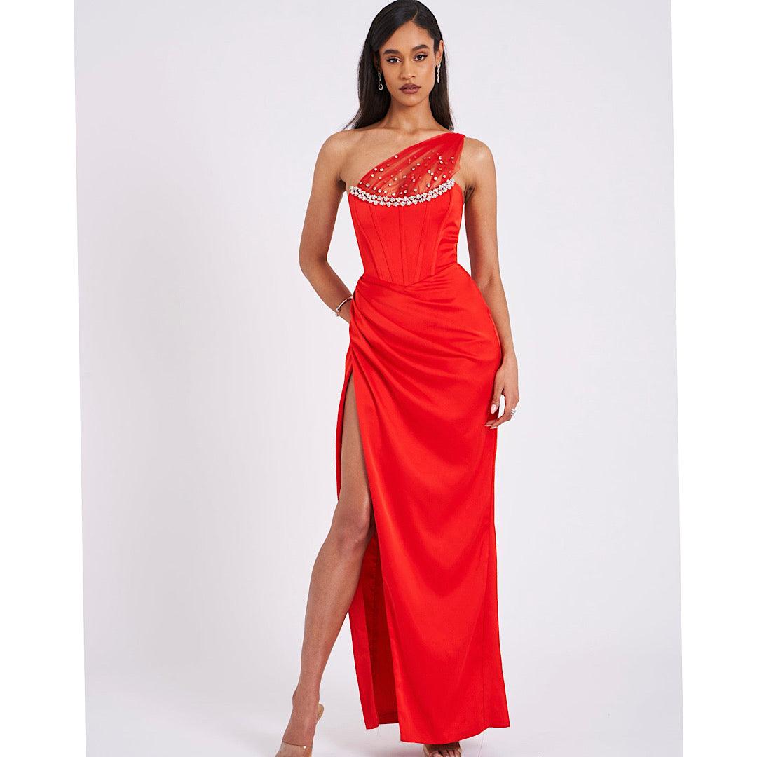 Scarlet Crystal Embellished Mesh Satin Corset dress REBECATHELABEL