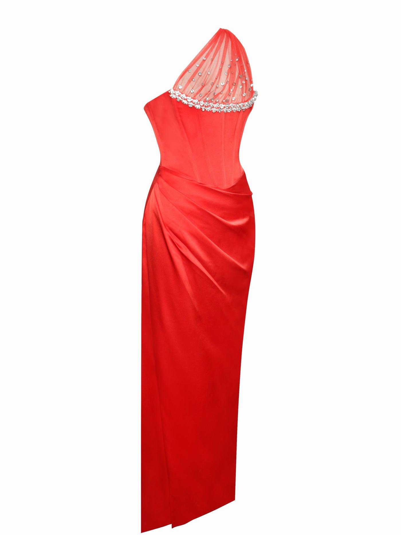 Scarlet Crystal Embellished Mesh Satin Corset dress REBECATHELABEL