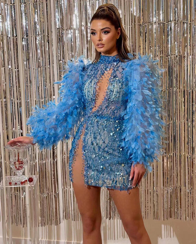 Sequin feather mini dress REBECATHELABEL