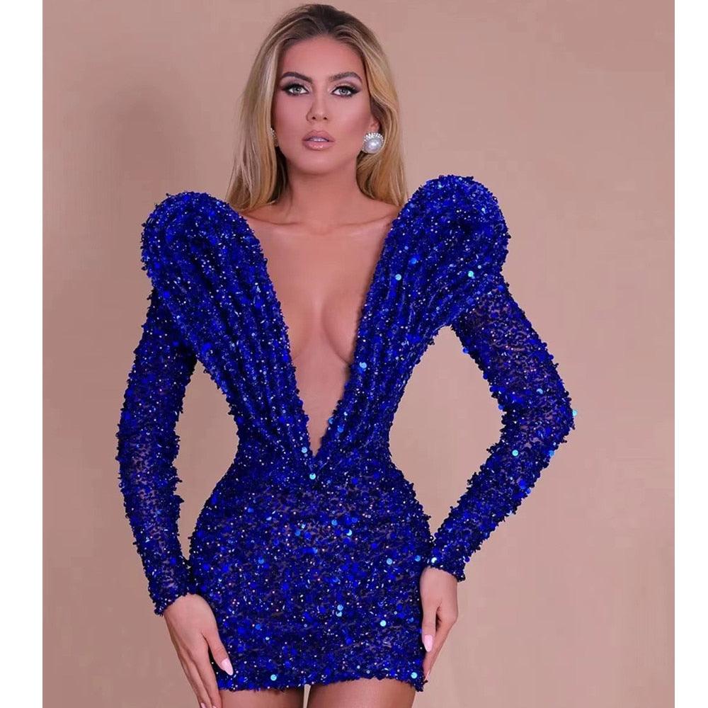 Sequined Mini Sexy Deep V Neck Long Sleeve dress REBECATHELABEL