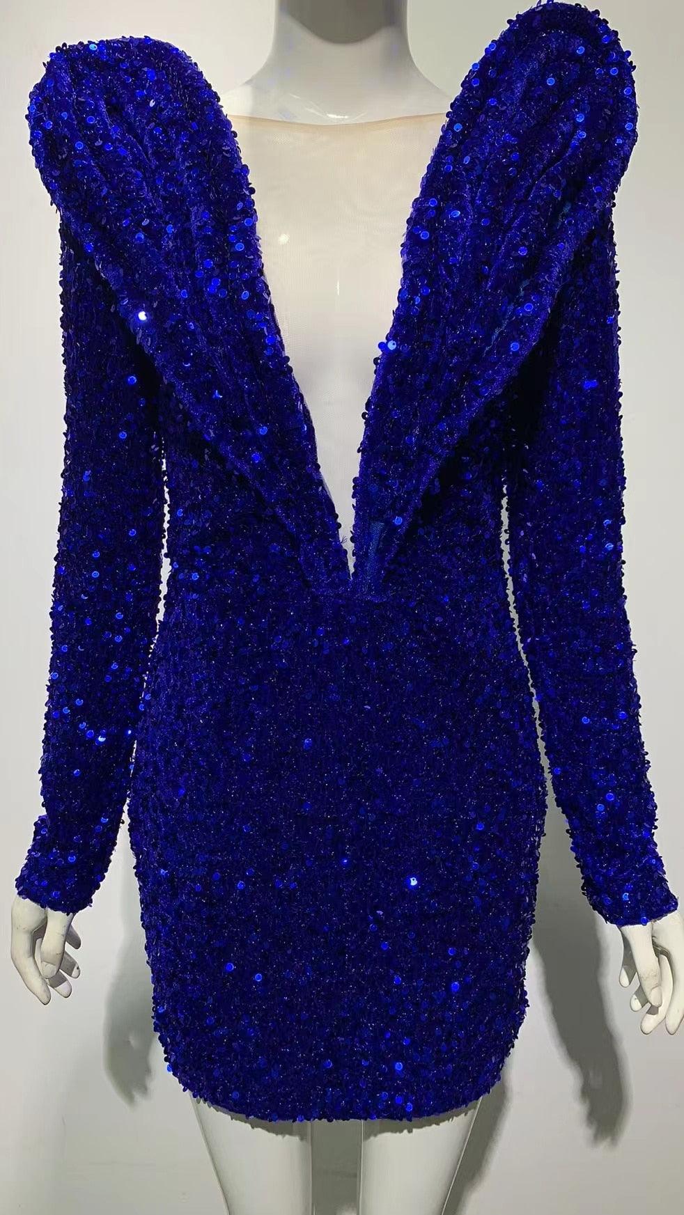 Sequined Mini Sexy Deep V Neck Long Sleeve dress REBECATHELABEL