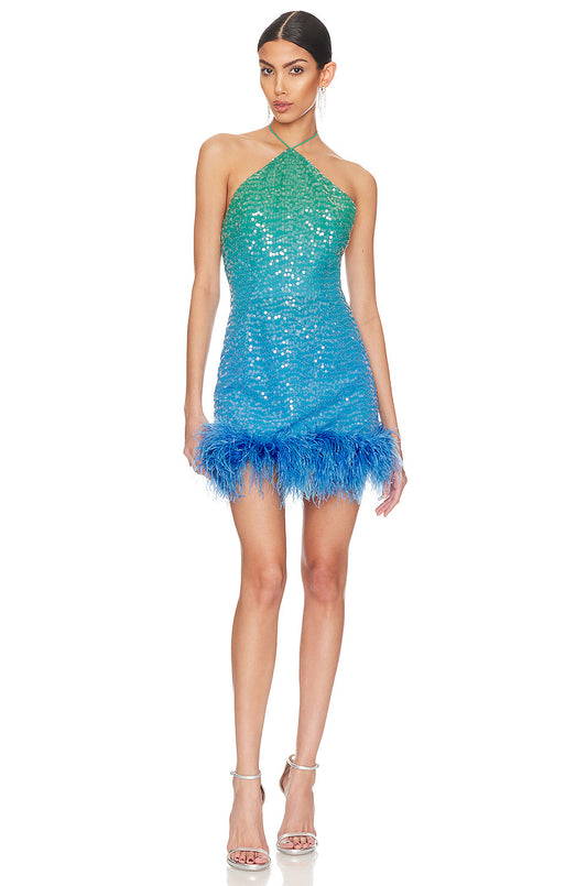 Sequins Feather Gradient Mini Dress REBECATHELABEL