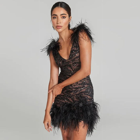 Sequins Feather V-neck Sleeveless Backless Tight Mini Dress REBECATHELABEL