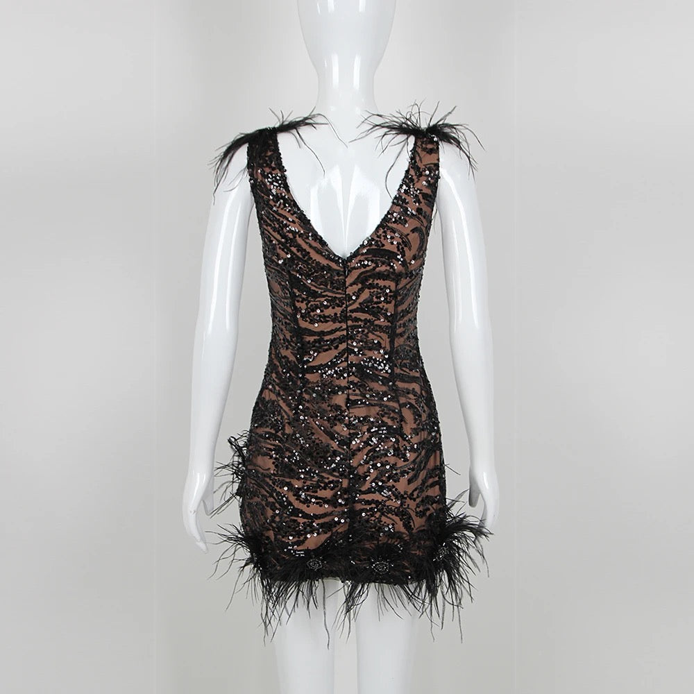 Sequins Feather V-neck Sleeveless Backless Tight Mini Dress REBECATHELABEL