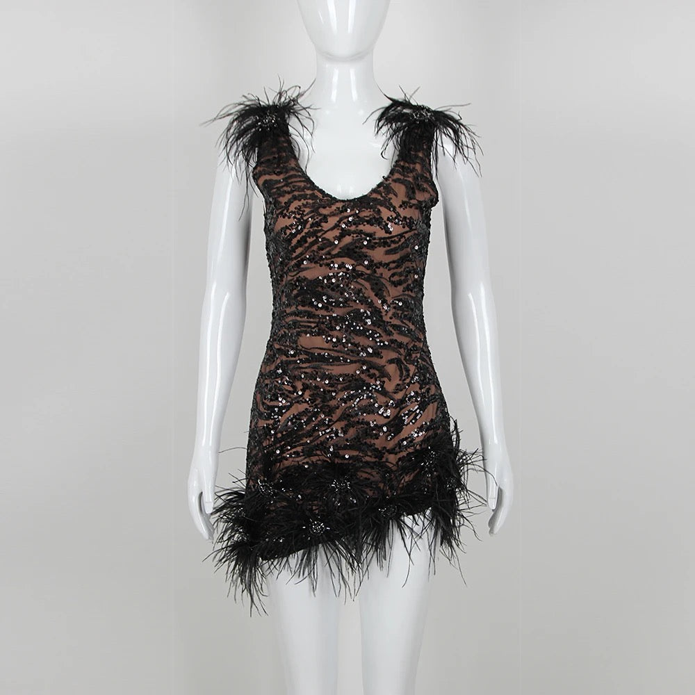 Sequins Feather V-neck Sleeveless Backless Tight Mini Dress REBECATHELABEL