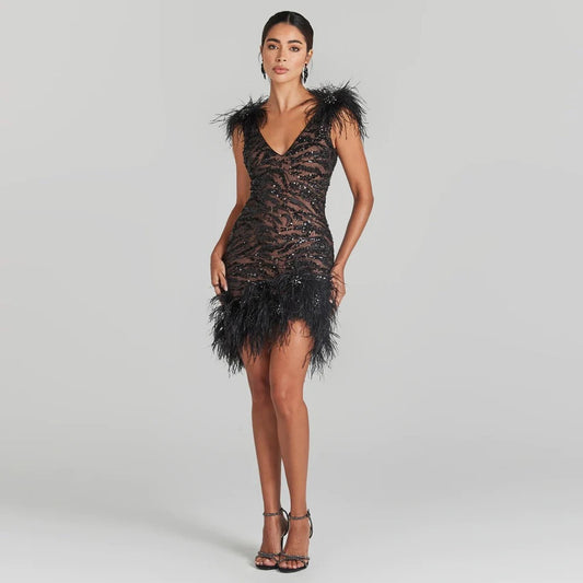 Sequins Feather V-neck Sleeveless Backless Tight Mini Dress REBECATHELABEL