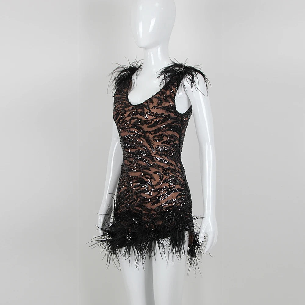 Sequins Feather V-neck Sleeveless Backless Tight Mini Dress REBECATHELABEL