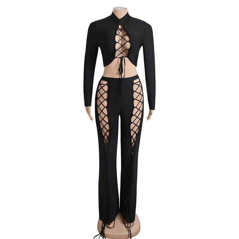 Sexy Cutout Lace up Bell Bottom Pants Two Piece REBECATHELABEL