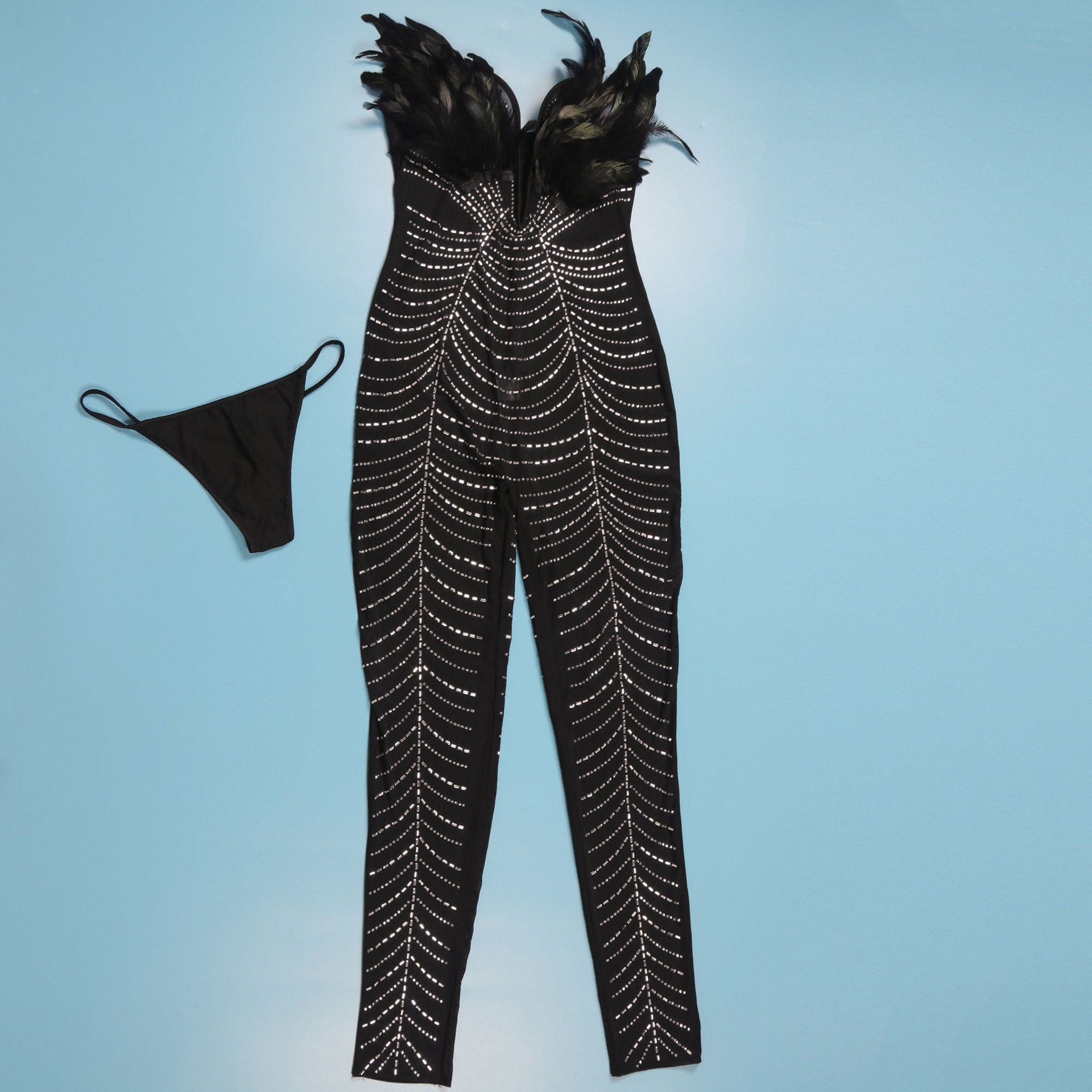 Sexy Feather Rhinestone Slim Fit Sheath Sleeveless Jumpsuit REBECATHELABEL