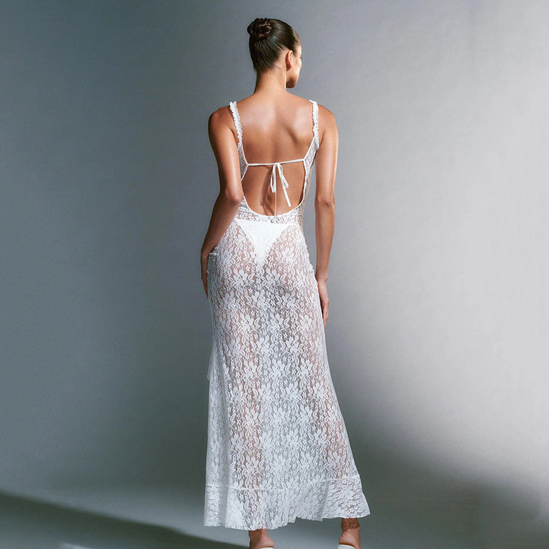 Sexy Lace Strap Stitched Backless Long Sheath Dress REBECATHELABEL