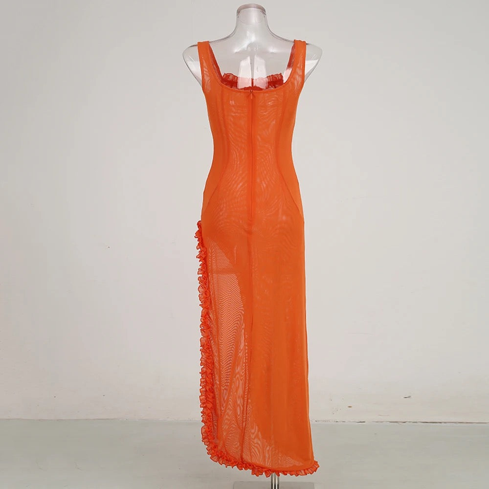 Sexy Sleeveless Tulle Pleated Strap Orange Irregular Maxi Dress REBECATHELABEL