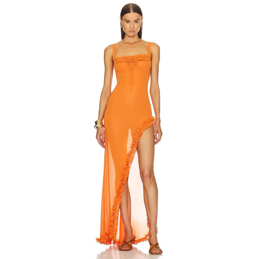 Sexy Sleeveless Tulle Pleated Strap Orange Irregular Maxi Dress REBECATHELABEL