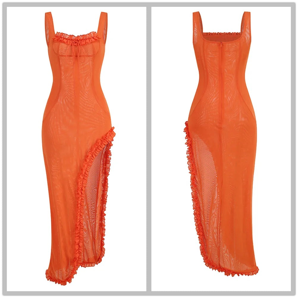 Sexy Sleeveless Tulle Pleated Strap Orange Irregular Maxi Dress REBECATHELABEL