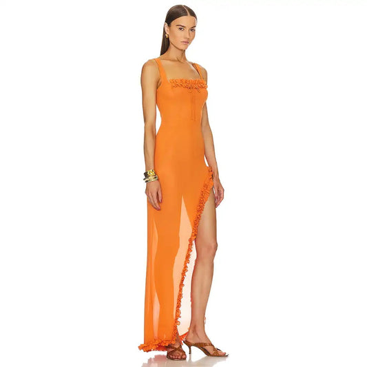 Sexy Sleeveless Tulle Pleated Strap Orange Irregular Maxi Dress REBECATHELABEL