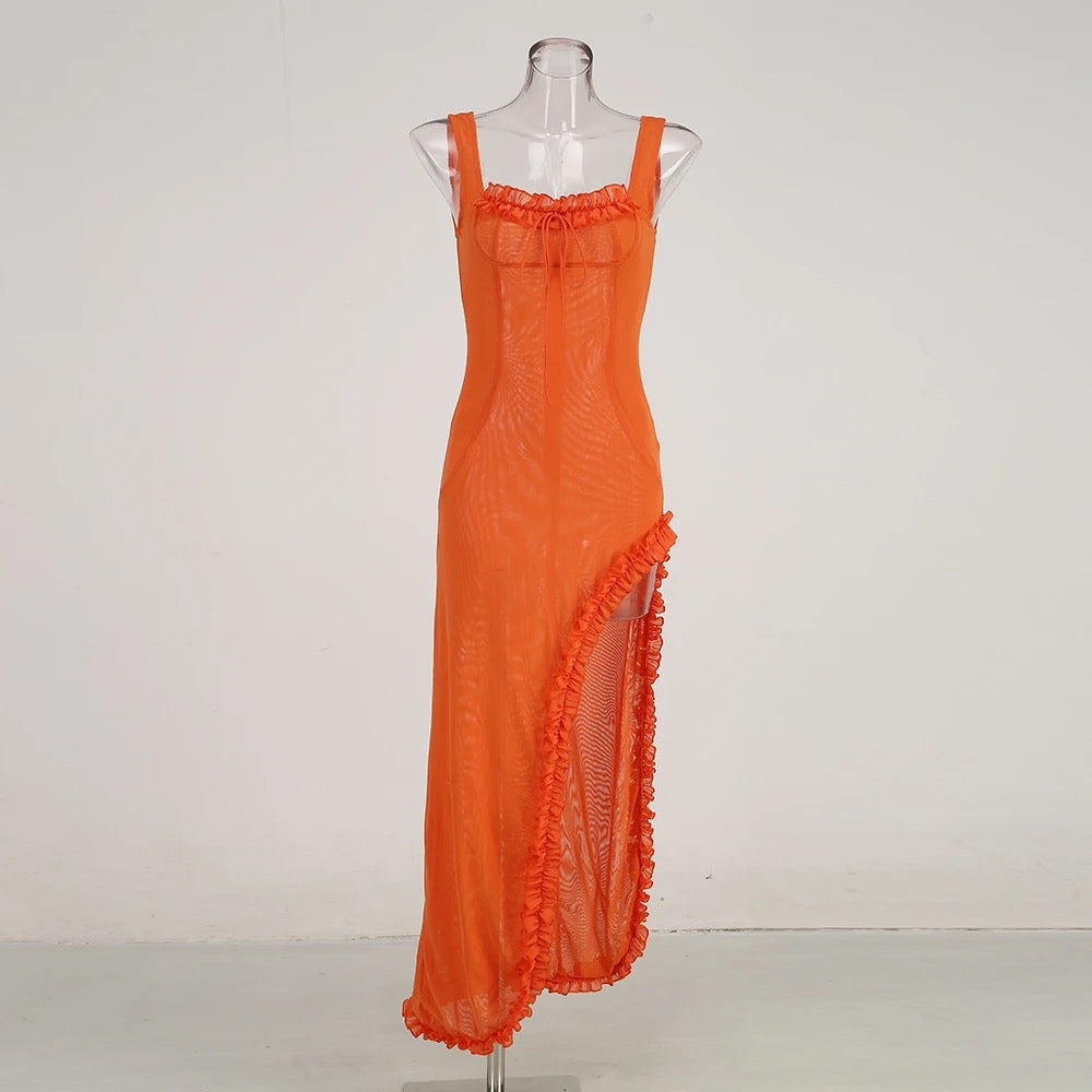 Sexy Sleeveless Tulle Pleated Strap Orange Irregular Maxi Dress REBECATHELABEL