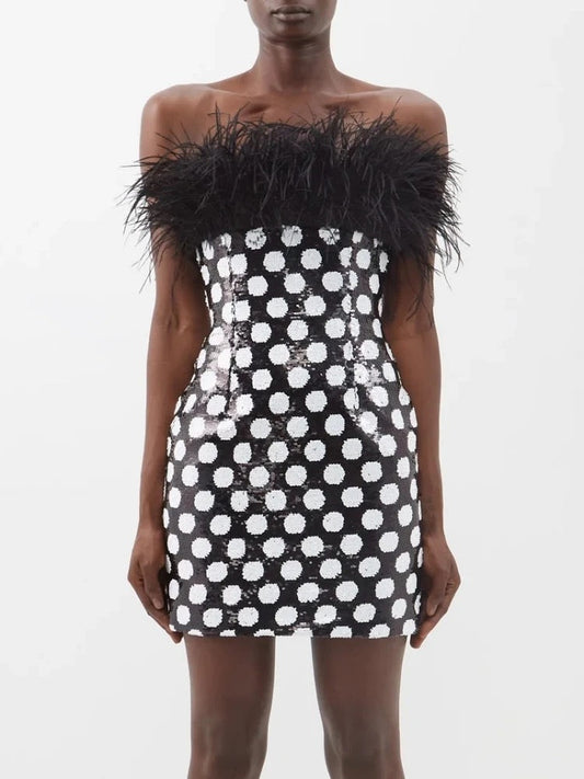 Sexy Strapless Feather Embedding Tight Mini Dress REBECATHELABEL