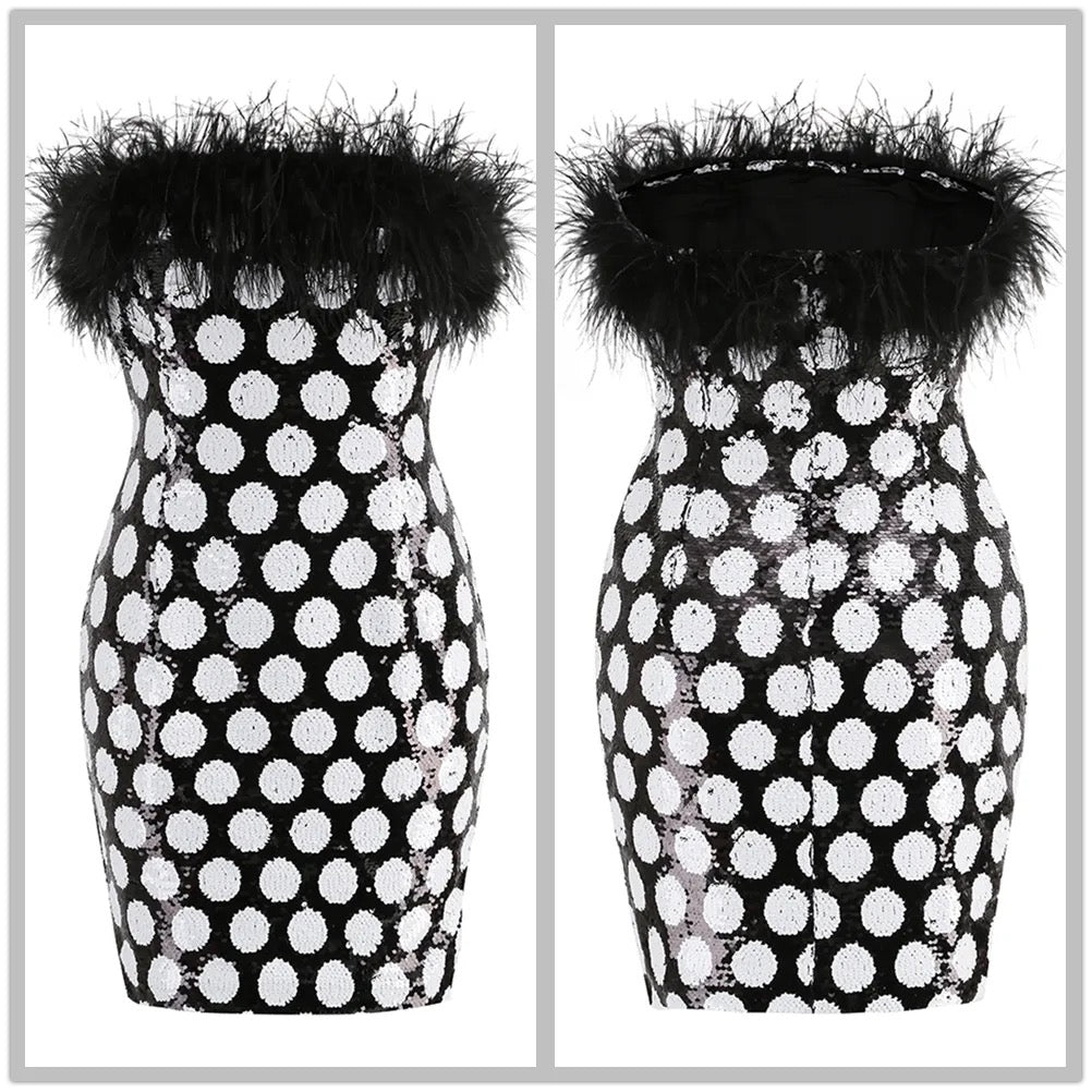 Sexy Strapless Feather Embedding Tight Mini Dress REBECATHELABEL