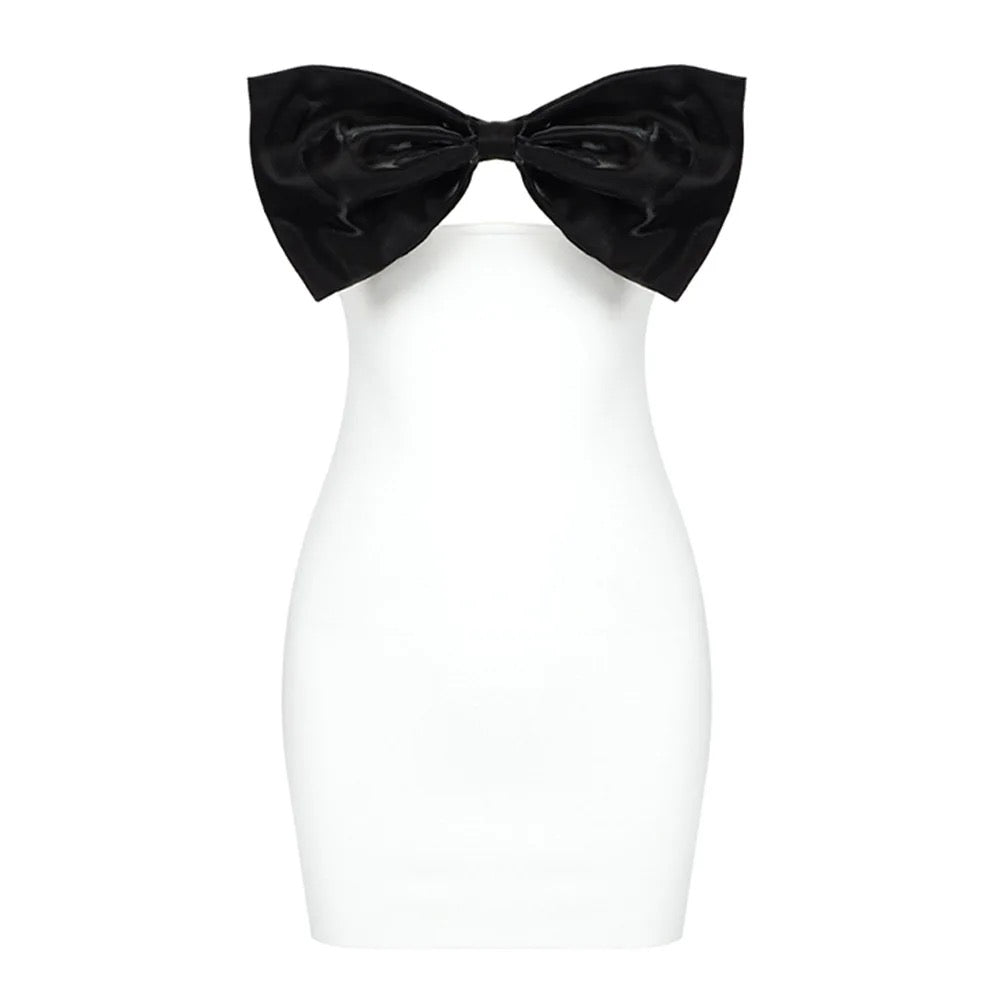 Sexy Strapless Sleeveless Bow Tie Black and White dress REBECATHELABEL