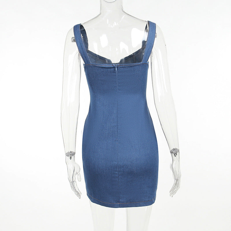 Sexy Suspenders Chest-Flattering Rhinestone Denim Dress REBECATHELABEL