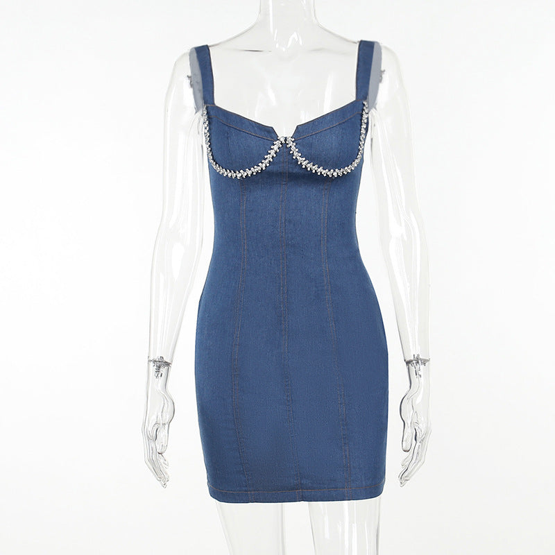 Sexy Suspenders Chest-Flattering Rhinestone Denim Dress REBECATHELABEL