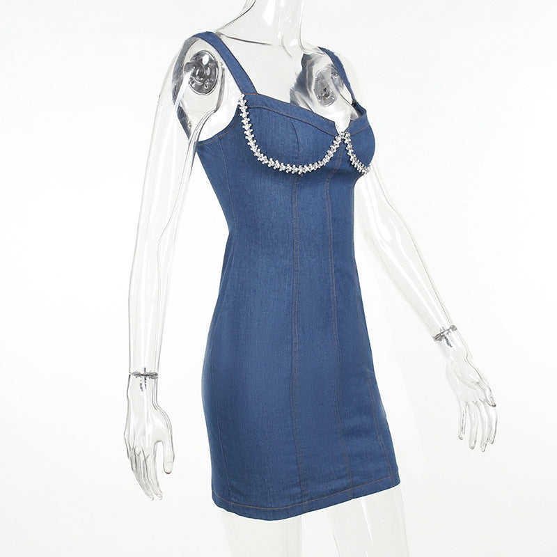 Sexy Suspenders Chest-Flattering Rhinestone Denim Dress REBECATHELABEL