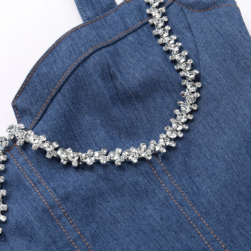 Sexy Suspenders Chest-Flattering Rhinestone Denim Dress REBECATHELABEL