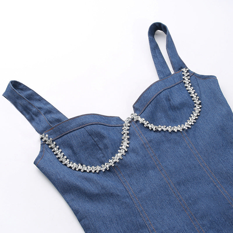 Sexy Suspenders Chest-Flattering Rhinestone Denim Dress REBECATHELABEL