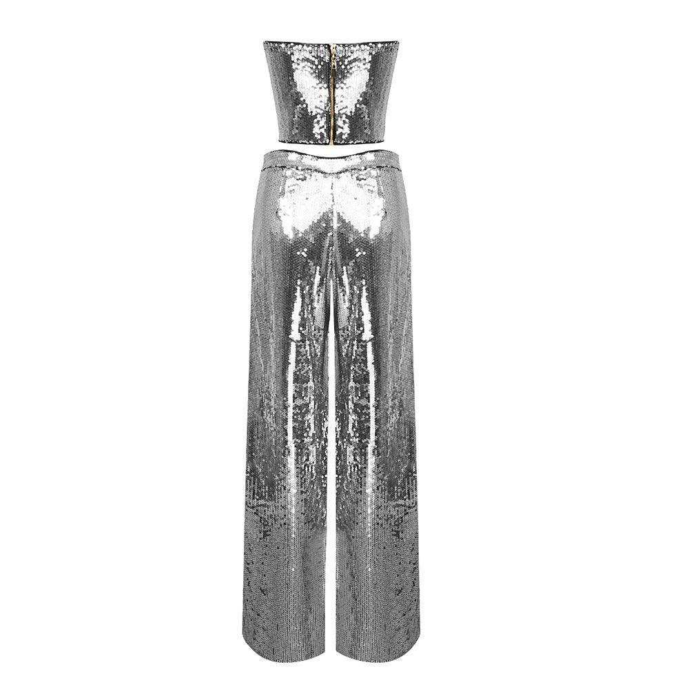 Silver Sleeveless Tube Top Sequ Glitter Two-Piece Set REBECATHELABEL