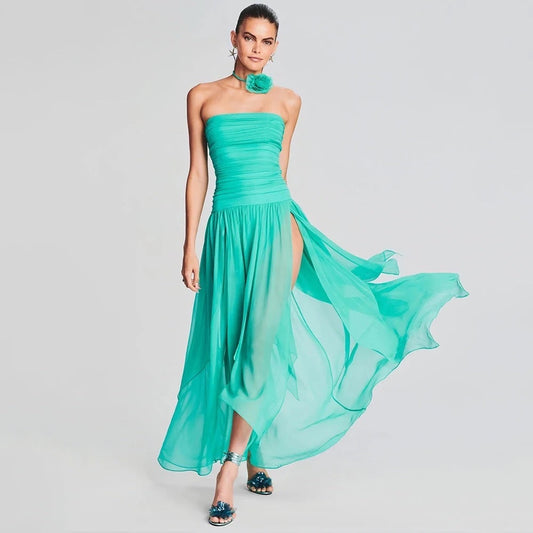 Sky Blue Sexy Strapless Pleated Open Back Long Dress REBECATHELABEL