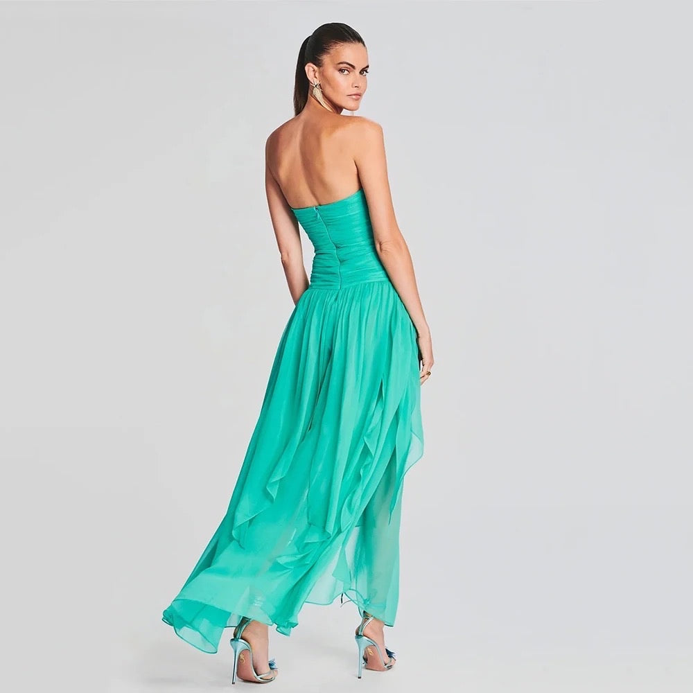 Sky Blue Sexy Strapless Pleated Open Back Long Dress REBECATHELABEL