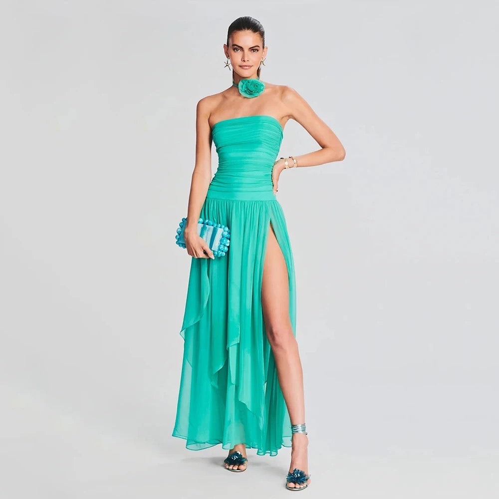 Sky Blue Sexy Strapless Pleated Open Back Long Dress REBECATHELABEL