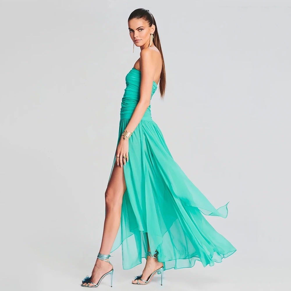 Sky Blue Sexy Strapless Pleated Open Back Long Dress REBECATHELABEL