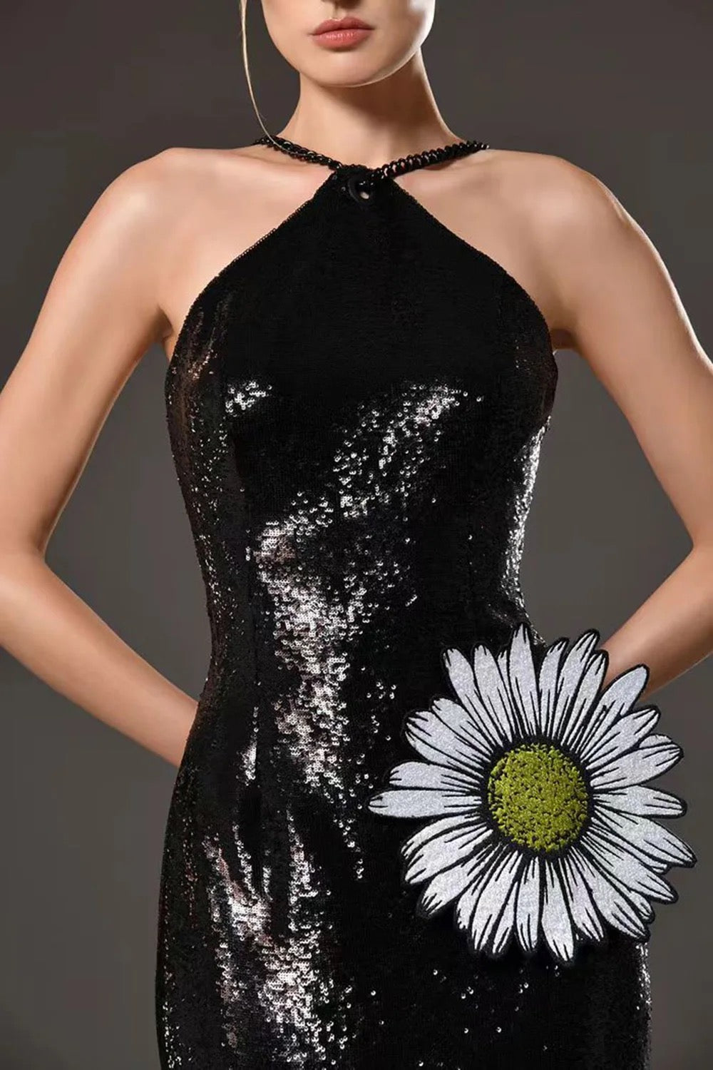 Sleeveless Backless Black Sequin Long Dress REBECATHELABEL