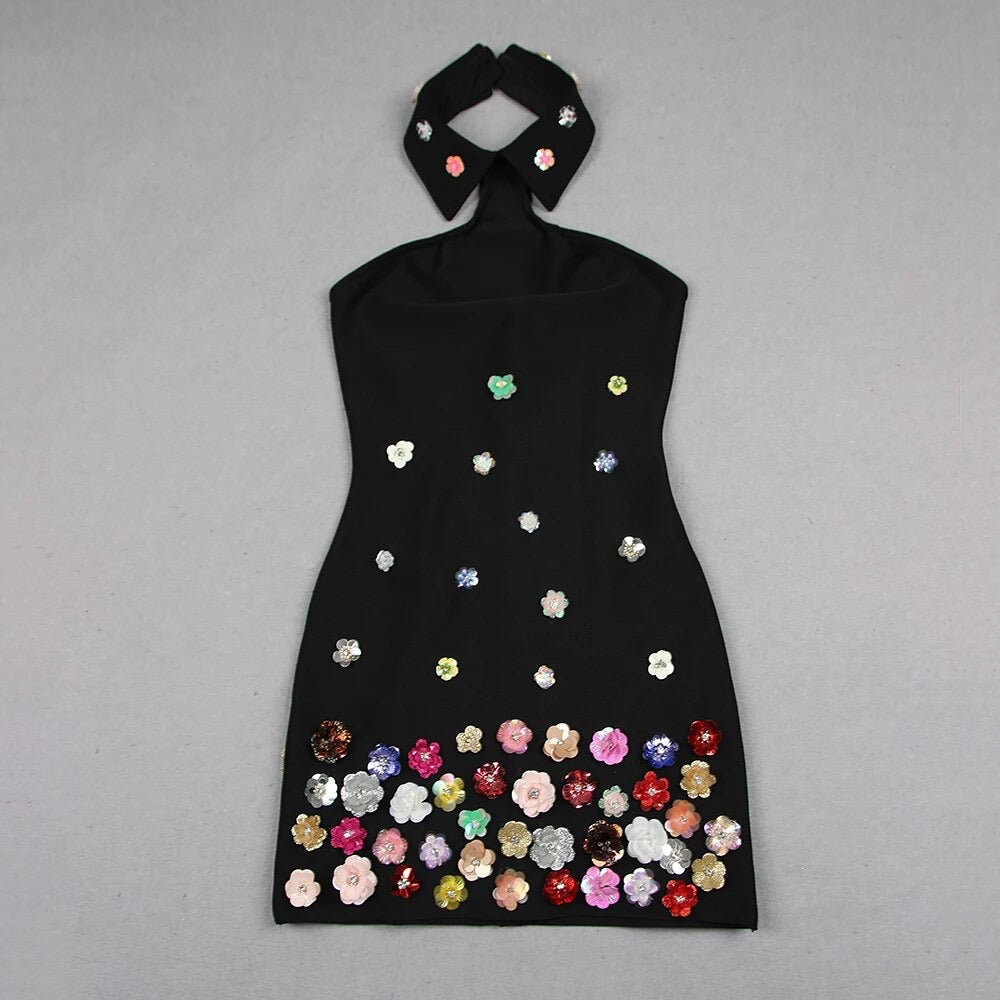 Sleeveless Backless Sequins Colorful Flower Tight Mini Bandage Dress REBECATHELABEL