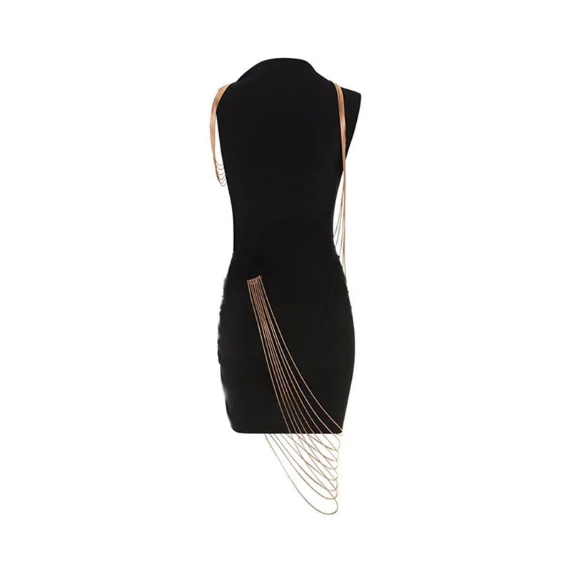 Sleeveless Chain Tassel Black Mini Sexy Bodycon Bandage dress REBECATHELABEL