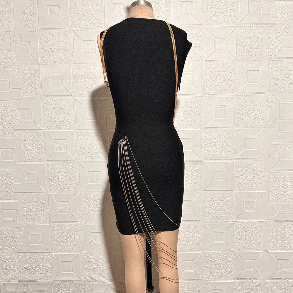 Sleeveless Chain Tassel Black Mini Sexy Bodycon Bandage dress REBECATHELABEL