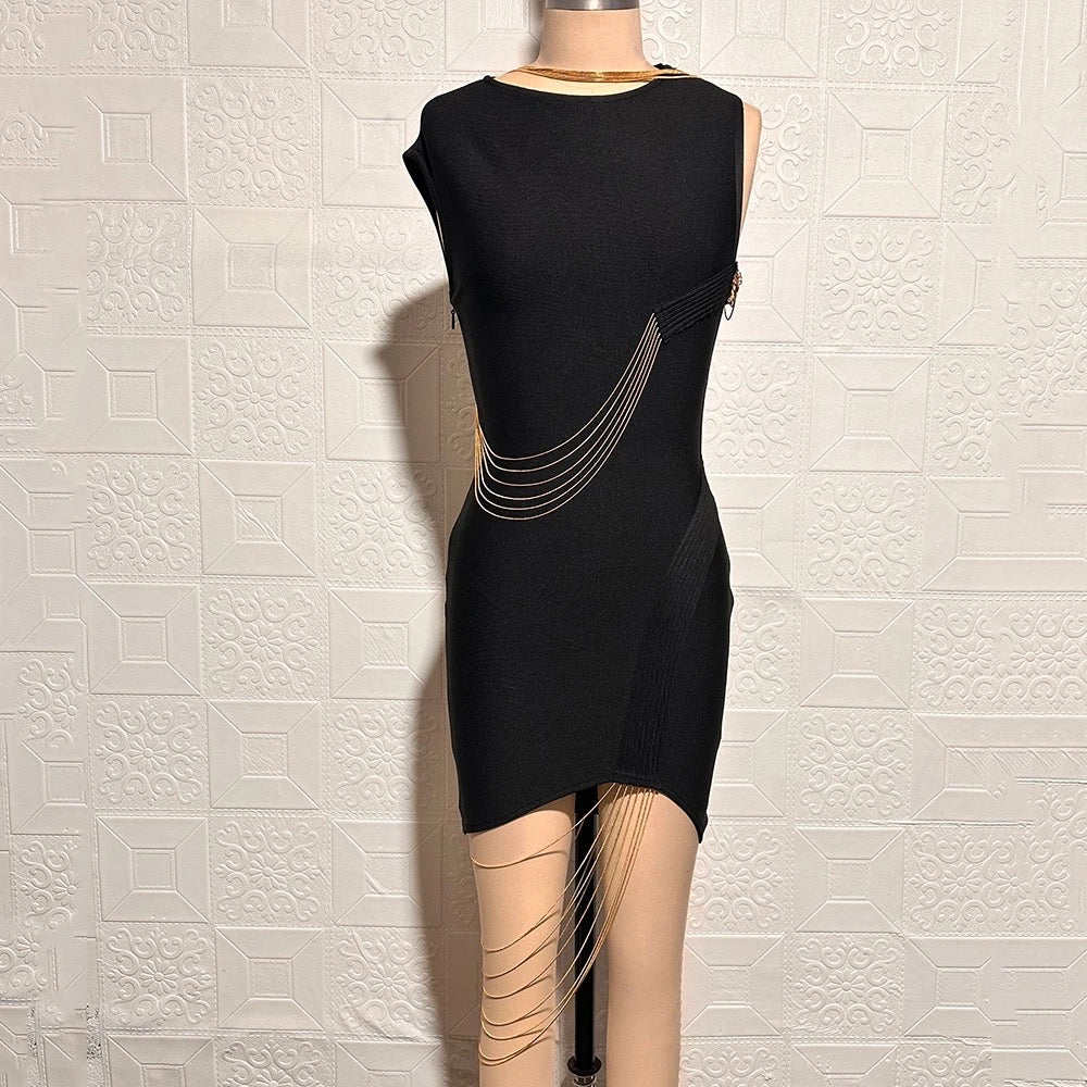 Sleeveless Chain Tassel Black Mini Sexy Bodycon Bandage dress REBECATHELABEL