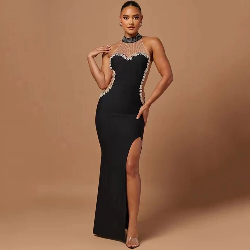 Sleeveless Diamond Mesh Long Bandage Dress REBECATHELABEL