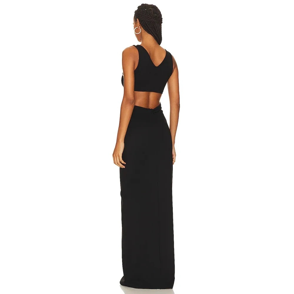 Sleeveless Hollow Beaded Black V-neck Side Split Tight Long Dress REBECATHELABEL