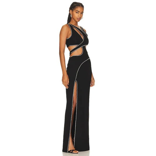 Sleeveless Hollow Beaded Black V-neck Side Split Tight Long Dress REBECATHELABEL